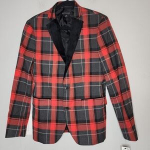 NWT INC Red Black Plaid Velvet Lapel Button Blazer Womens Size Small